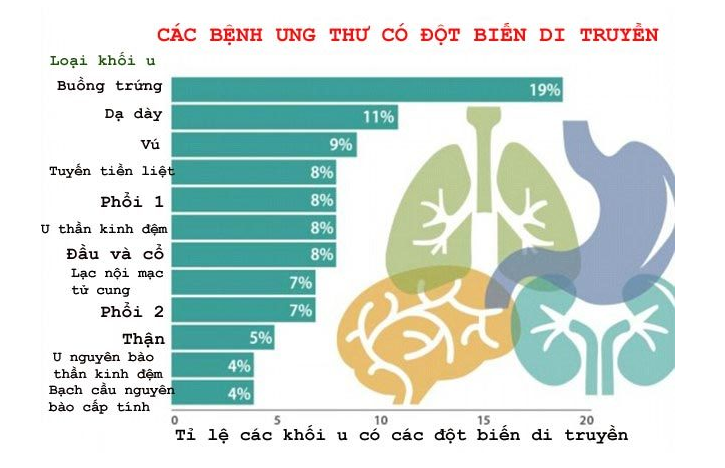 Nhiều loại ung thư có tính chất di truyền như: Ung thư vú, ung thư buồng trứng, ung thư tiền liệt tuyến