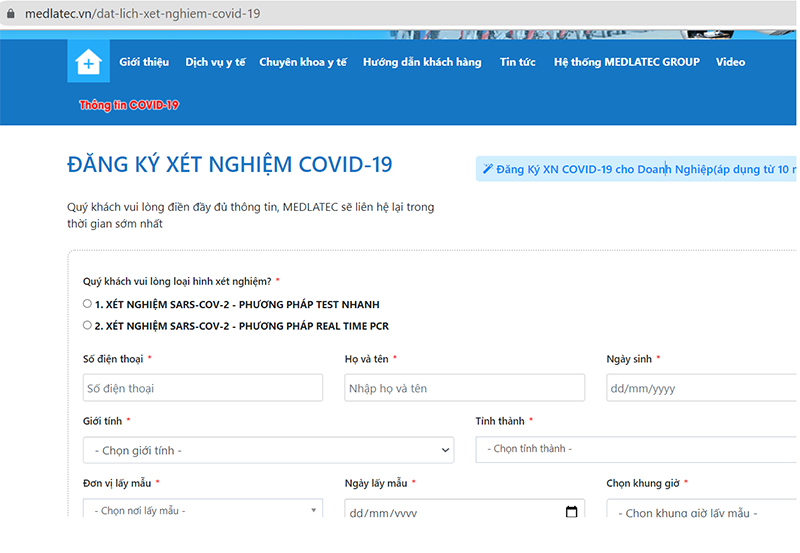 Đăng ký xét nghiệm Covid tại MEDLATEC Hưng Yên tại website medlatec.vn